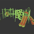 Outdoor Playground Equipment with Red Slides Green Frames and Climbing Structures for Kids