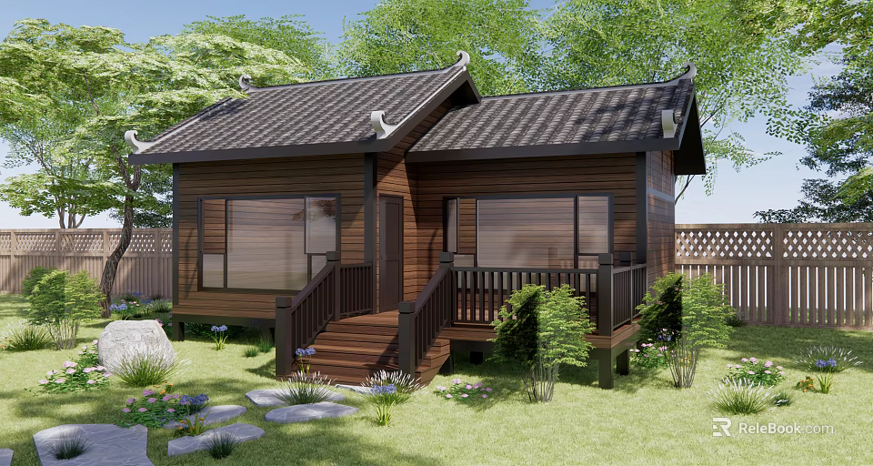 Traditional Wooden Villa With Black Tiled Roof Large Windows Balcony Staircase And Stone Path 3d model 