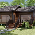 Traditional Wooden Villa With Black Tiled Roof Large Windows Balcony Staircase And Stone Path