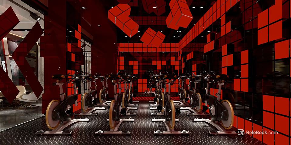 Modern Fitness Studio With Rows Of Spin Bikes Red Black Geometric Decor And Mirrored Walls 3d model 