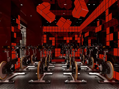 Modern Fitness Studio With Rows Of Spin Bikes Red Black Geometric Decor And Mirrored Walls 3d model