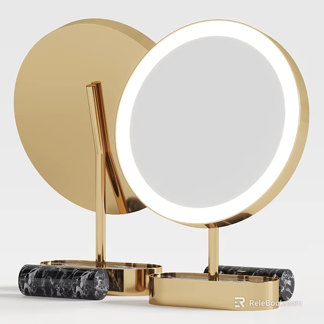 Gold Frame Vanity Mirror With Ring Light And Marble Base Tabletop Design 3d model 