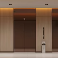 Modern Elevator Hallway with Light Wooden Walls Ceiling Light Strips Elevator Doors Sleek Floor 3d model