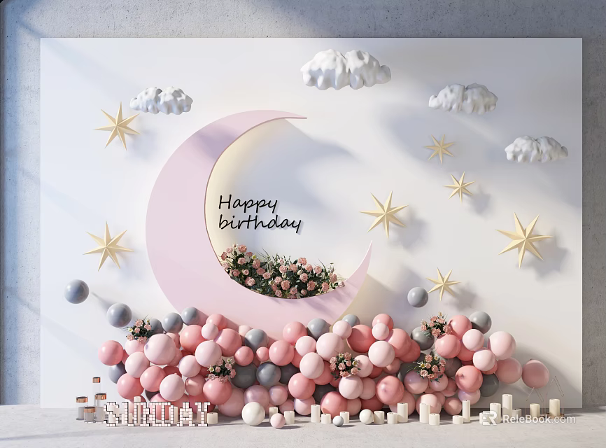 Happy Birthday Party Decor With Full Moon Stars Clouds And Balloons 3d model 