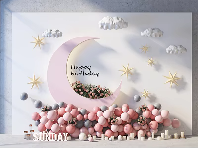 Happy Birthday Party Decor With Full Moon Stars Clouds And Balloons 3d model