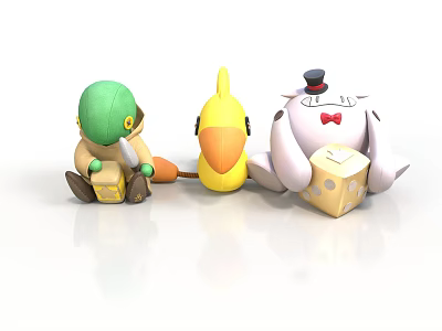 Colorful Stuffed Toy Figures With Green Helmet Yellow Bird And Top Hat White Doll 3d model