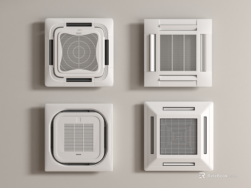 White Square Ceiling Mounted Air Conditioner Fans With Various Designs 3d model 