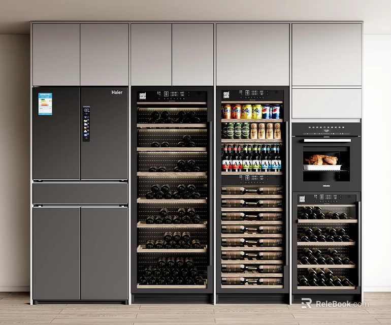 Modern Wine Cabinet In Kitchen With Wine Bottles Beverages Refrigerator And Oven 3d model 