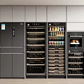 Modern Wine Cabinet In Kitchen With Wine Bottles Beverages Refrigerator And Oven