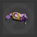 White Haired Character in Purple Orange Armor Holding Purple Black Gun Standing on Round Base