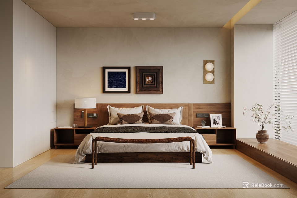 Modern Bedroom Interior Design With Wooden Headboard Nightstands Wall Art Table Lamp And Rug 3d model 