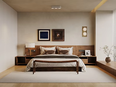 Silent Bedroom Cream Middle Ancient Bed Background Bedding Bedside Cabinet 3d model