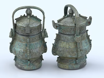 Antique Style Ceramic Vessels With Intricate Carved Patterns Lid And Decorative Handles 3d model