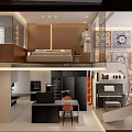 Stylish Modern Apartment Interior With Open Kitchen Wooden Staircase And Piano