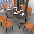 Black Marble Dining Table Set With Six Orange Leather Chairs And Tableware 3d model