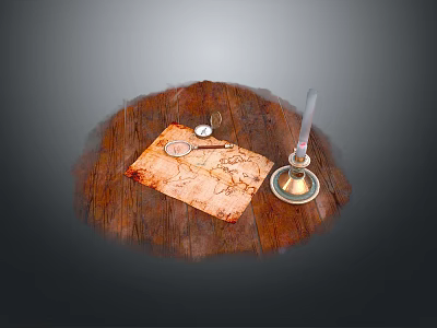 Vintage Daily Living Items Including Old Map Brass Compass And Candle Holder On Wooden Table 3d model