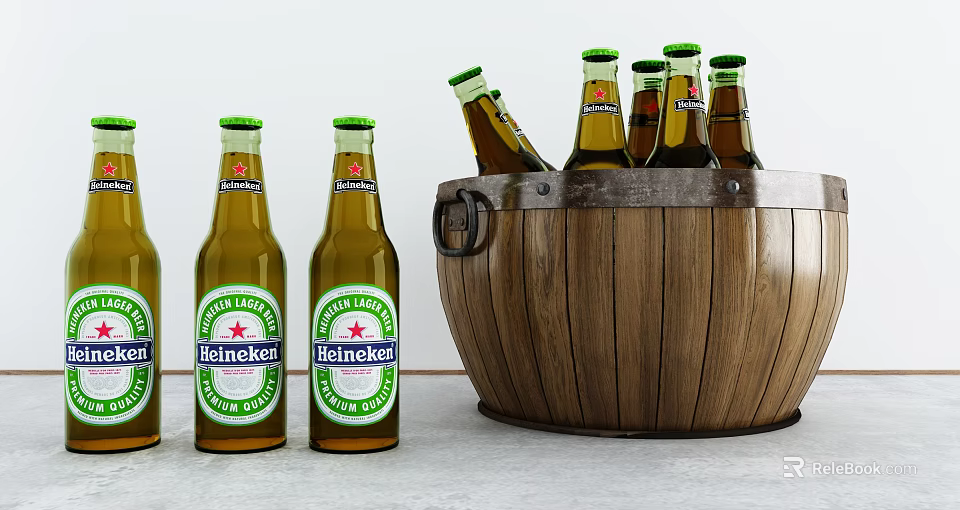 Heineken Beer Bottles Collection Near Wooden Bucket 3d model 