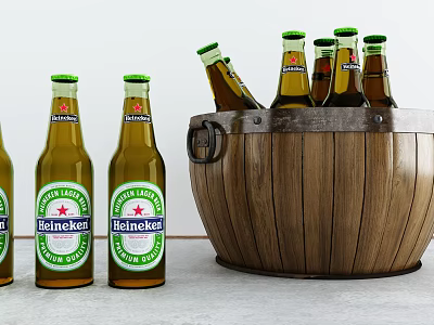 Heineken Beer Bottles Collection Near Wooden Bucket 3d model