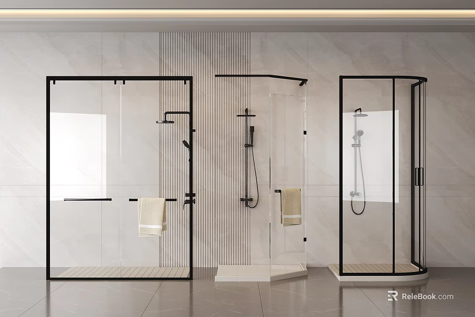 Modern Glass Shower Enclosures With Black Frames And Towel Holders 3d model 