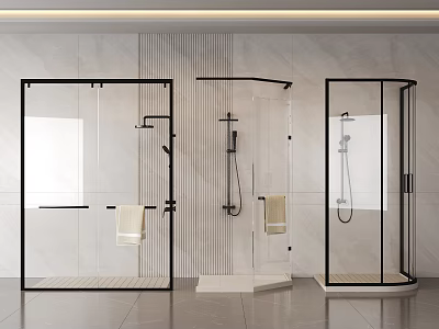 Modern Glass Shower Enclosures With Black Frames And Towel Holders 3d model