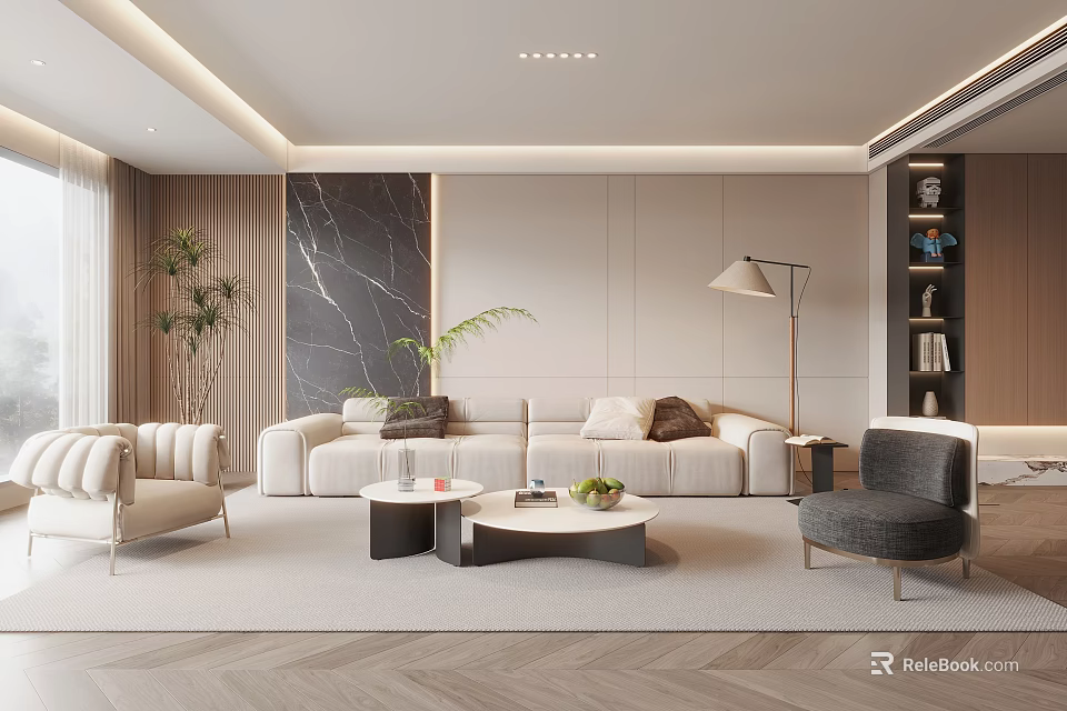 Modern Living Room Featuring Beige Sofa Accent Chairs Coffee Tables Floor Lamp And Marble Wall 3d model 