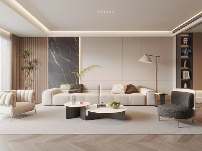 Modern Living Room Featuring Beige Sofa Accent Chairs Coffee Tables Floor Lamp And Marble Wall 3d model