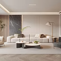 Modern Living Room Featuring Beige Sofa Accent Chairs Coffee Tables Floor Lamp And Marble Wall