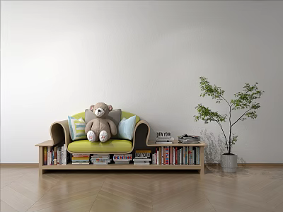 Yellow Two Seater Sofa With Teddy Bear Cushions And Bookshelf Base Near Green Plant 3d model