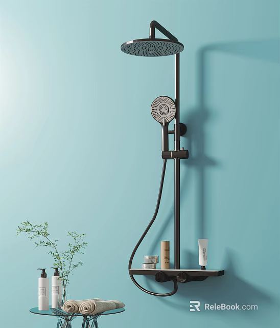 Modern Shower Head Design With Light Blue Wall And Bathroom Accessories Plus Green Plant 3d model 