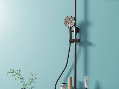 Modern Shower Head Design With Light Blue Wall And Bathroom Accessories Plus Green Plant 3d model