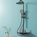 Modern Shower Head Design With Light Blue Wall And Bathroom Accessories Plus Green Plant