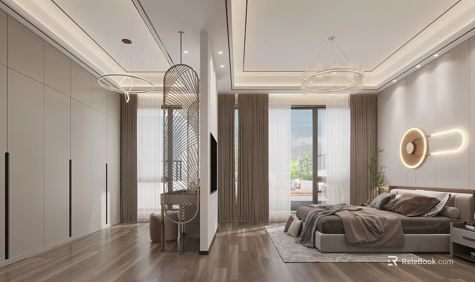Modern Bedroom Interior With Built In Wardrobe Pendant Lights Curtains Rug And Wooden Flooring 3d model 