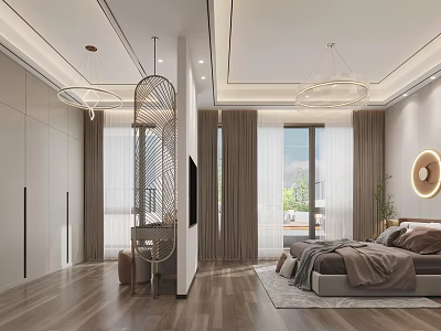 Modern Bedroom Interior With Built In Wardrobe Pendant Lights Curtains Rug And Wooden Flooring 3d model
