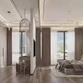 Modern Bedroom Interior With Built In Wardrobe Pendant Lights Curtains Rug And Wooden Flooring