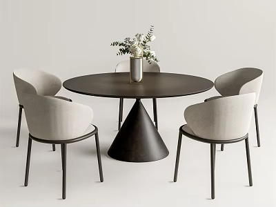 Modern Round Dining Table Set with Four Light Gray Chairs Black Legs and Conical Base 3d model
