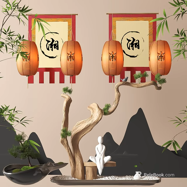 Zen Inspired Chinese Decorative Scene With Xiang Lanterns Bamboo And Rock Formations 3d model 