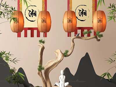 Zen Inspired Chinese Decorative Scene With Xiang Lanterns Bamboo And Rock Formations 3d model