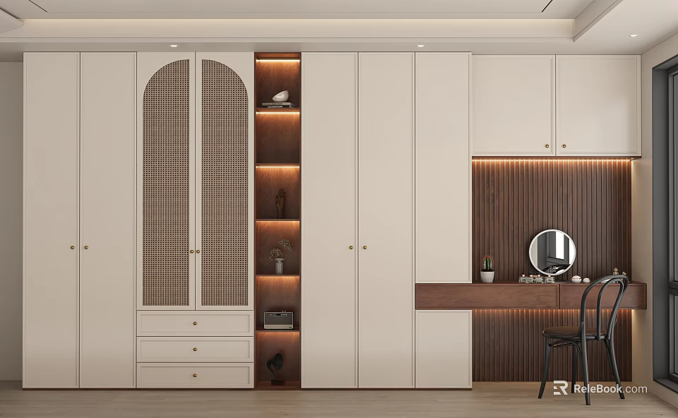Modern Wardrobe With White Cabinetry Open Shelves LED Lighting And Dressing Table 3d model 