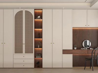 Modern Wardrobe With White Cabinetry Open Shelves LED Lighting And Dressing Table 3d model