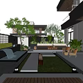 Modern Courtyard Garden With Waterfall Feature Green Lawn Stone Pathway And Wooden Seating