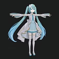 Woman With Turquoise Long Hair And Blue White Dress Wearing Flower Accessory Arms Outstretched