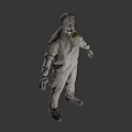 Post Apocalyptic Game Character Wearing Gas Mask And Protective Suit In Abandoned Area With Trees