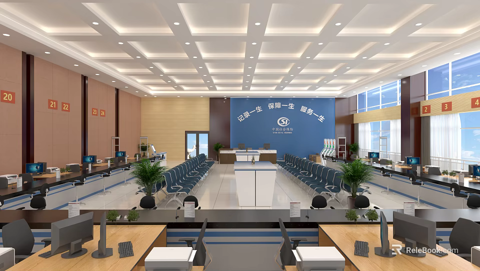 Modern Spacious Service Hall Interior With Blue Backdrop Service Counters And Plants 3d model