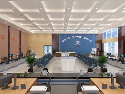 Modern Spacious Service Hall Interior With Blue Backdrop Service Counters And Plants 3d model