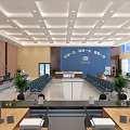 Modern Spacious Service Hall Interior With Blue Backdrop Service Counters And Plants 3d model