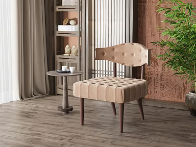 Beige Tufted Single Sofa With Side Table And Green Plant In Cozy Room 3d model