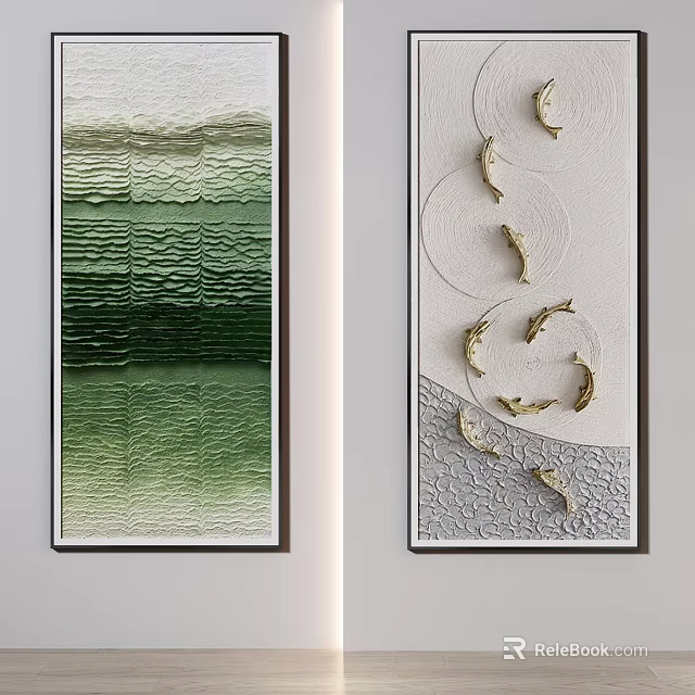 Green Gradient Textured Wall Art With Golden Fish And Circular Patterns On Gray White Background 3d model