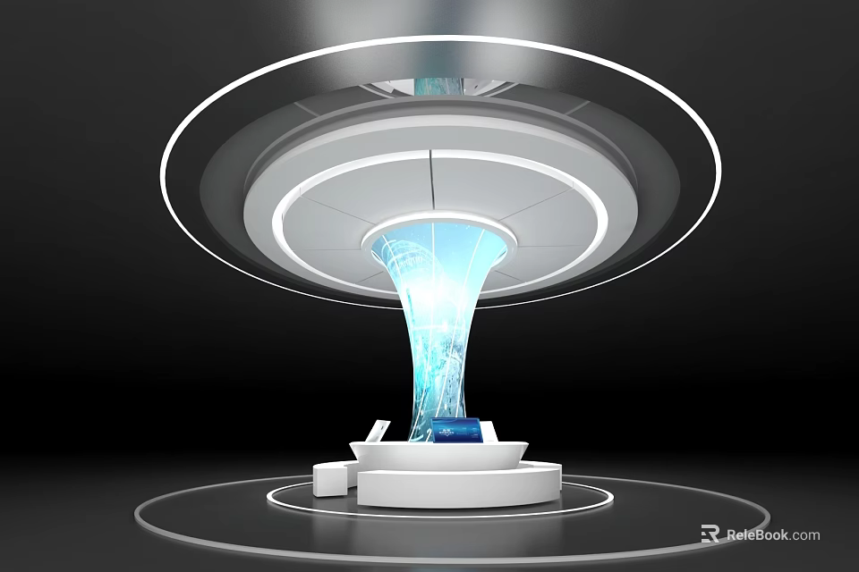 Futuristic Modern Tech Installation With Blue Light Beam And Circular Platform Structure 3d model