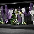 Elegant Wedding Ceiling Design with Purple Drapes Crystal Chandeliers and Floral Arrangements