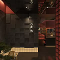 Japanese Restaurant Interior With Red Awning Wooden Structure Lantern Pendant Lights And Booth Seating